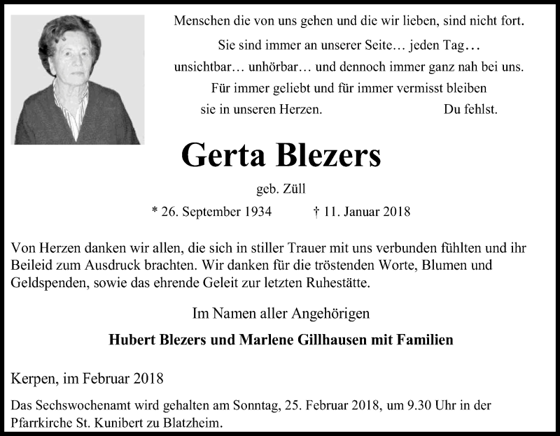  Traueranzeige für Gerta Blezers vom 17.02.2018 aus Kölner Stadt-Anzeiger / Kölnische Rundschau / Express
