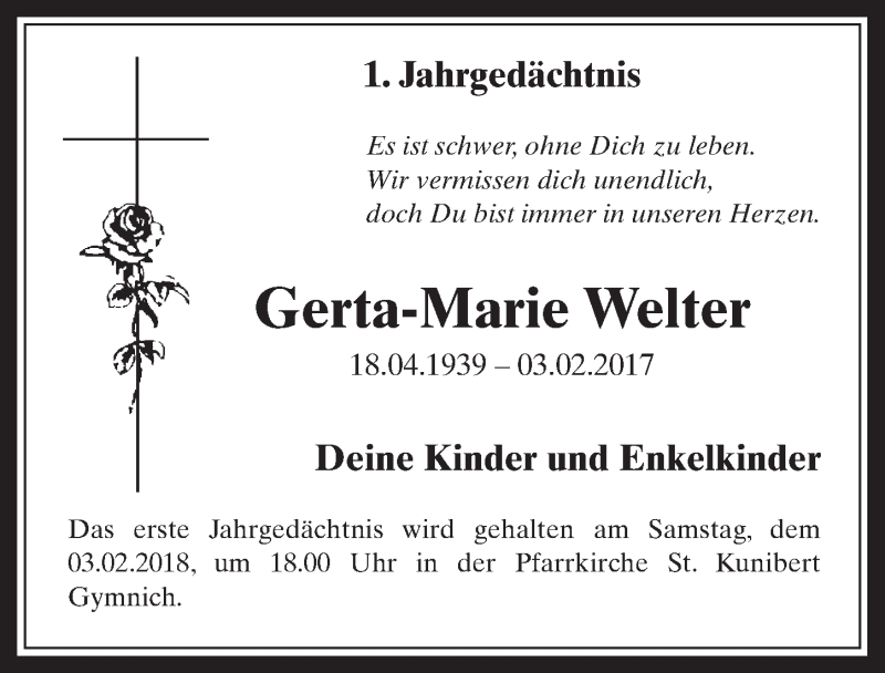 Traueranzeige für Gerta-Marie Welter vom 31.01.2018 aus  Werbepost 