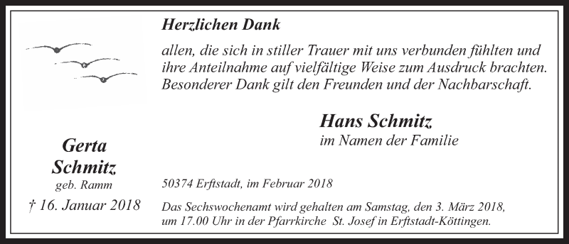  Traueranzeige für Gerta Schmitz vom 28.02.2018 aus  Werbepost 