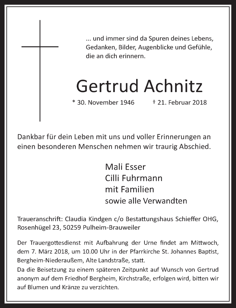  Traueranzeige für Gertrud Achnitz vom 28.02.2018 aus  Werbepost 