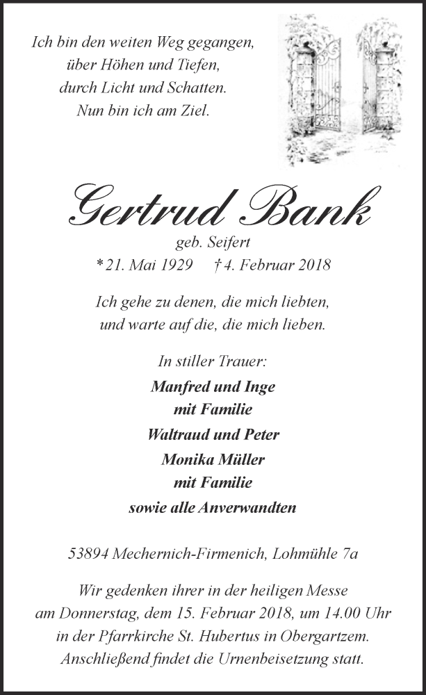  Traueranzeige für Gertrud Bank vom 10.02.2018 aus  Blickpunkt Euskirchen 
