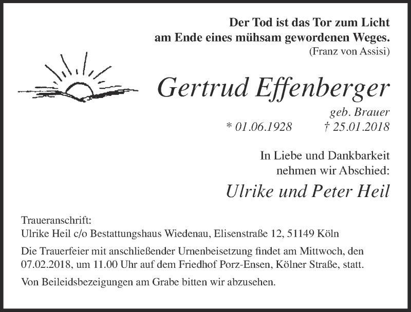  Traueranzeige für Gertrud Effenberger vom 31.01.2018 aus  Kölner Wochenspiegel 