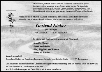 Anzeige von Gertrud Eicker von Kölner Stadt-Anzeiger / Kölnische Rundschau / Express
