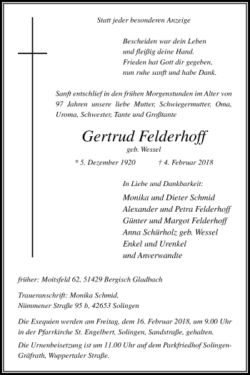 Anzeige von Gertrud Felderhoff von Kölner Stadt-Anzeiger / Kölnische Rundschau / Express