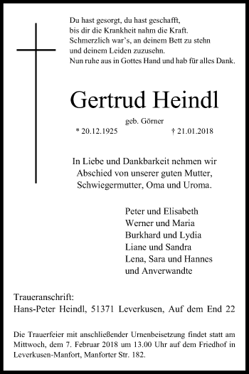 Anzeige von Gertrud Heindl von Kölner Stadt-Anzeiger / Kölnische Rundschau / Express