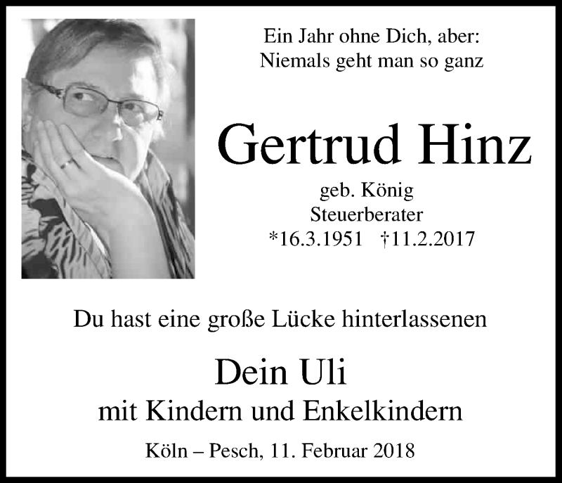  Traueranzeige für Gertrud Hinz vom 10.02.2018 aus Kölner Stadt-Anzeiger / Kölnische Rundschau / Express
