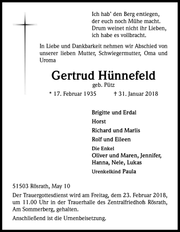 Anzeige von Gertrud Hünnefeld von Kölner Stadt-Anzeiger / Kölnische Rundschau / Express