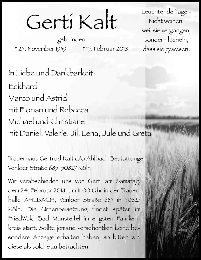  Traueranzeige für Gertrud Kalt vom 21.02.2018 aus Kölner Stadt-Anzeiger / Kölnische Rundschau / Express