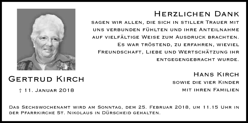  Traueranzeige für Gertrud Kirch vom 21.02.2018 aus Kölner Stadt-Anzeiger / Kölnische Rundschau / Express