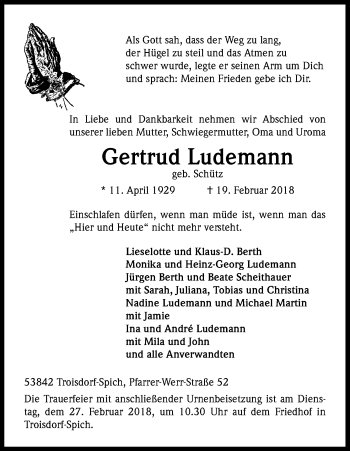 Anzeige von Gertrud Ludemann von Kölner Stadt-Anzeiger / Kölnische Rundschau / Express
