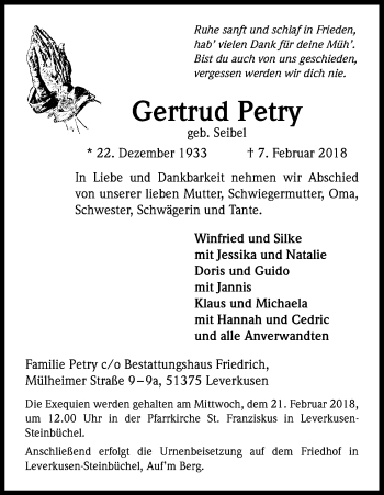 Anzeige von Gertrud Petry von Kölner Stadt-Anzeiger / Kölnische Rundschau / Express