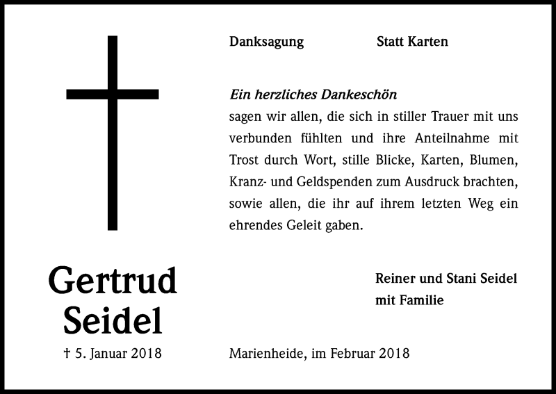  Traueranzeige für Gertrud Seidel vom 24.02.2018 aus Kölner Stadt-Anzeiger / Kölnische Rundschau / Express