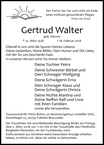 Anzeige von Gertrud Walter von Kölner Stadt-Anzeiger / Kölnische Rundschau / Express