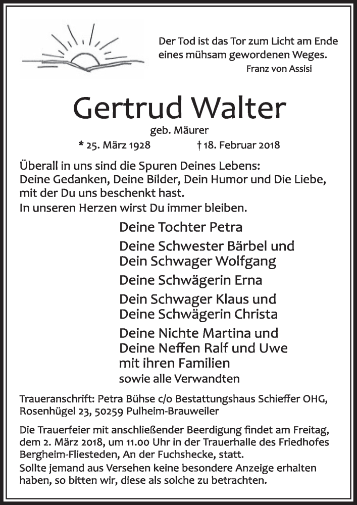  Traueranzeige für Gertrud Walter vom 24.02.2018 aus  Sonntags-Post 