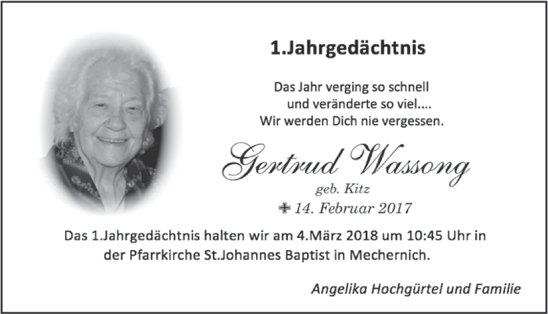  Traueranzeige für Gertrud Wassong vom 24.02.2018 aus  Blickpunkt Euskirchen 