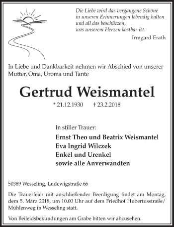 Anzeige von Gertrud Weismantel von  Schlossbote/Werbekurier 