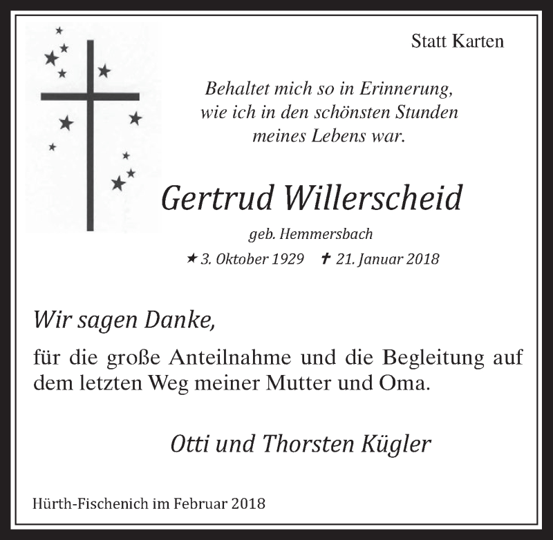  Traueranzeige für Gertrud Willerscheid vom 21.02.2018 aus  Wochenende 