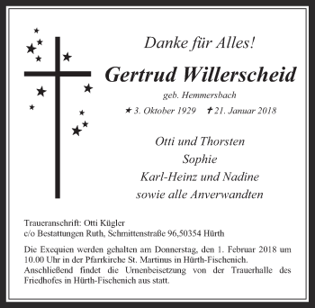 Anzeige von Gertrud Willerscheid von  Wochenende 