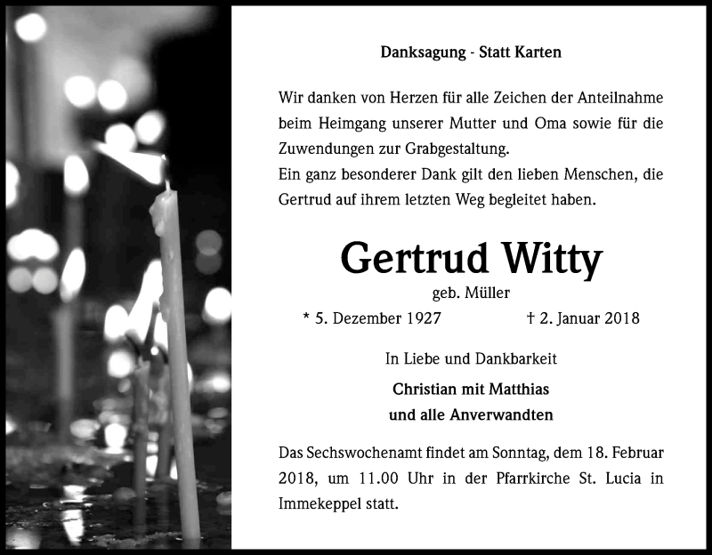  Traueranzeige für Gertrud Witty vom 07.02.2018 aus Kölner Stadt-Anzeiger / Kölnische Rundschau / Express