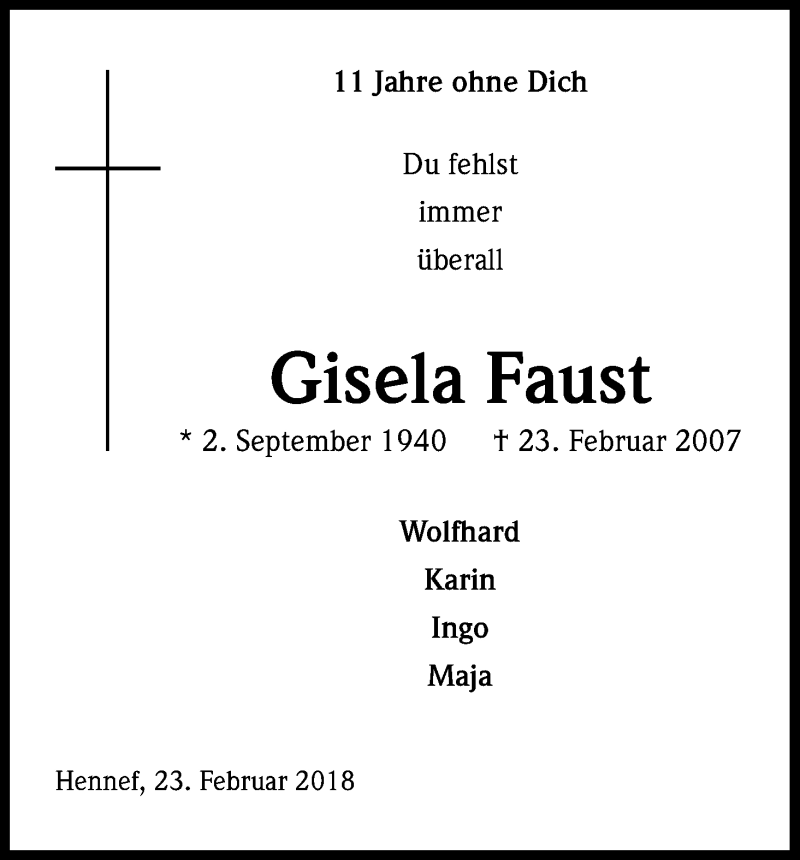  Traueranzeige für Gisela Faust vom 23.02.2018 aus Kölner Stadt-Anzeiger / Kölnische Rundschau / Express