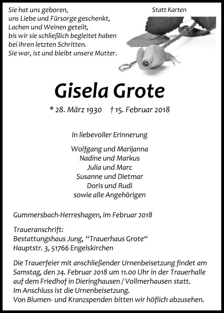  Traueranzeige für Gisela Grote vom 21.02.2018 aus Kölner Stadt-Anzeiger / Kölnische Rundschau / Express