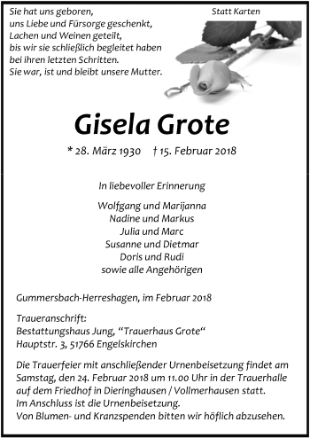 Anzeige von Gisela Grote von  Anzeigen Echo 