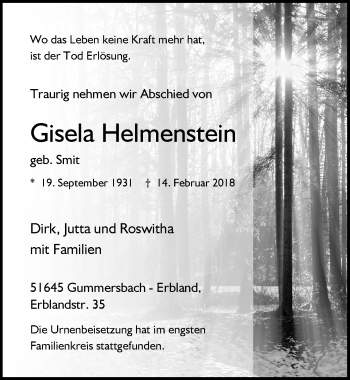 Anzeige von Gisela Helmenstein von  Anzeigen Echo 