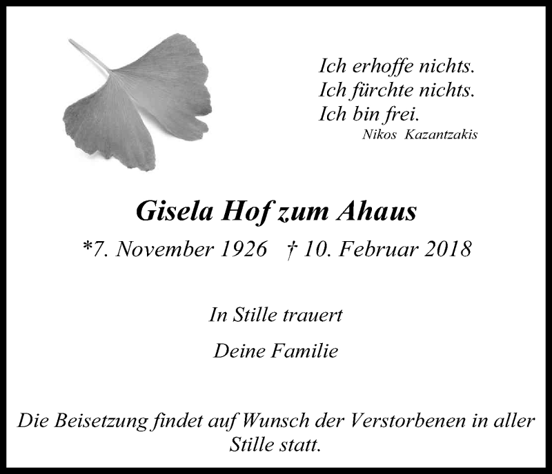  Traueranzeige für Gisela  Hof zum Ahaus vom 17.02.2018 aus Kölner Stadt-Anzeiger / Kölnische Rundschau / Express
