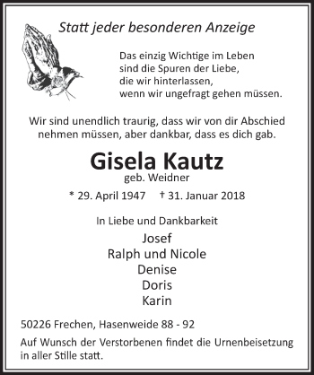Anzeige von Gisela Kautz von  Sonntags-Post 