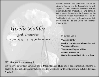 Anzeige von Gisela Köhler von Kölner Stadt-Anzeiger / Kölnische Rundschau / Express