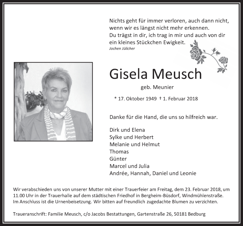  Traueranzeige für Gisela Meusch vom 14.02.2018 aus  Werbepost 