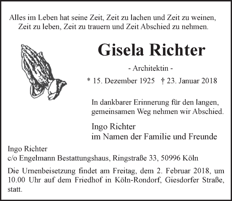  Traueranzeige für Gisela Richter vom 31.01.2018 aus  Kölner Wochenspiegel 