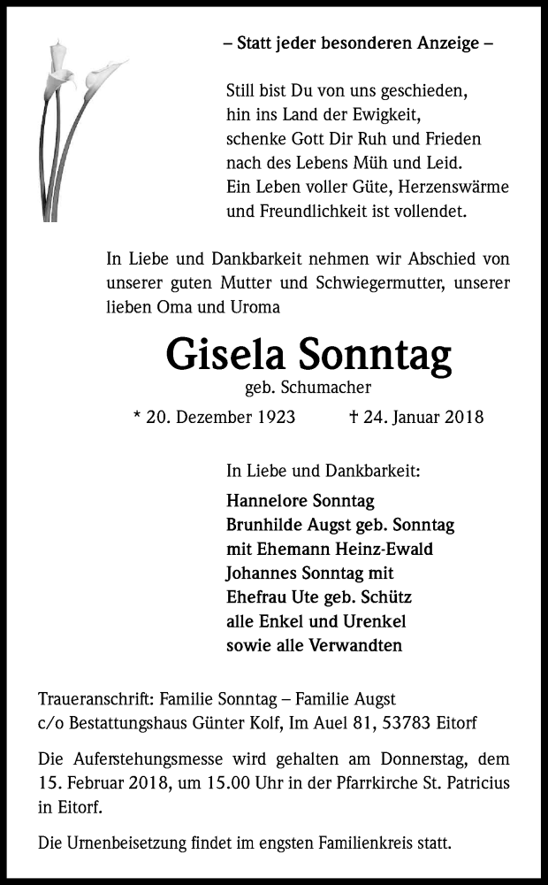  Traueranzeige für Gisela Sonntag vom 10.02.2018 aus Kölner Stadt-Anzeiger / Kölnische Rundschau / Express
