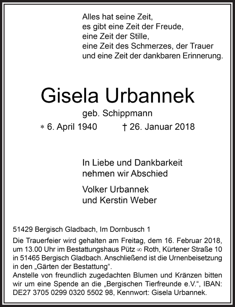  Traueranzeige für Gisela Urbannek vom 10.02.2018 aus  Bergisches Sonntagsblatt 
