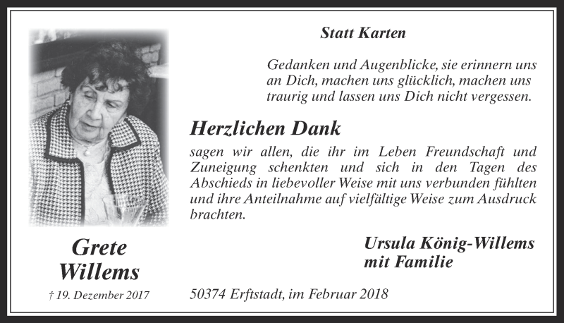  Traueranzeige für Grete Willems vom 31.01.2018 aus  Werbepost 
