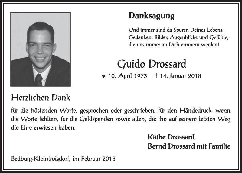  Traueranzeige für Guido Drossard vom 03.02.2018 aus  Sonntags-Post 