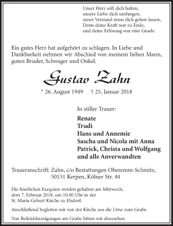 Anzeige von Gustav Zahn von  Sonntags-Post 
