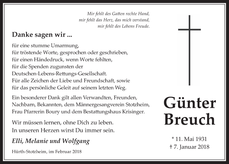  Traueranzeige für Günter Breuch vom 21.02.2018 aus  Wochenende 
