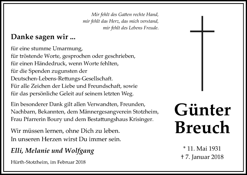  Traueranzeige für Günter Breuch vom 17.02.2018 aus Kölner Stadt-Anzeiger / Kölnische Rundschau / Express