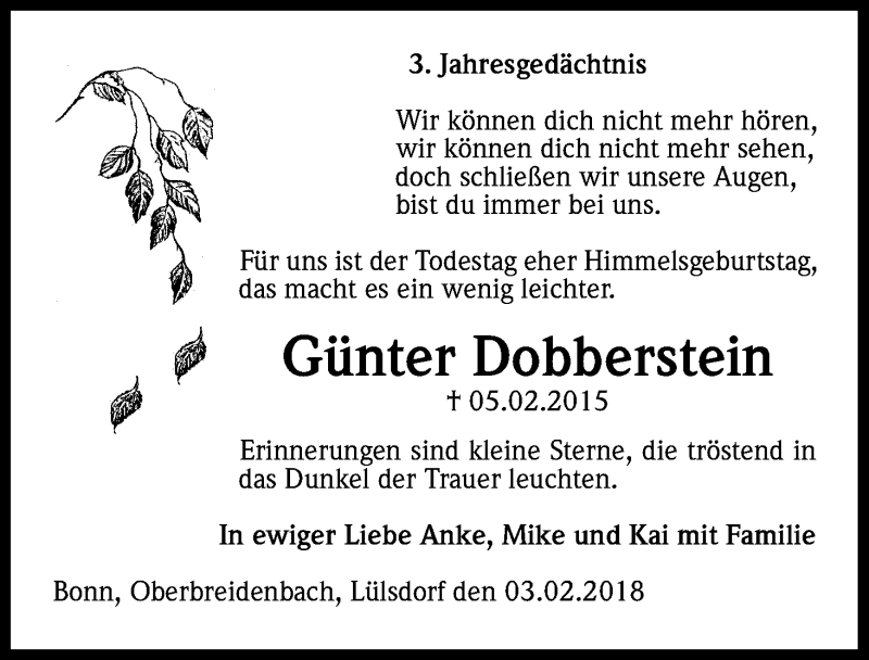  Traueranzeige für Günter Dobberstein vom 03.02.2018 aus Kölner Stadt-Anzeiger / Kölnische Rundschau / Express