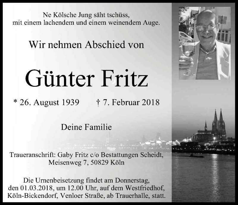  Traueranzeige für Günter Fritz vom 24.02.2018 aus Kölner Stadt-Anzeiger / Kölnische Rundschau / Express