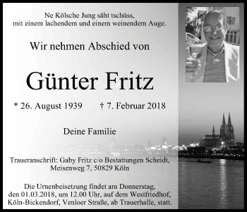 Anzeige von Günter Fritz von Kölner Stadt-Anzeiger / Kölnische Rundschau / Express