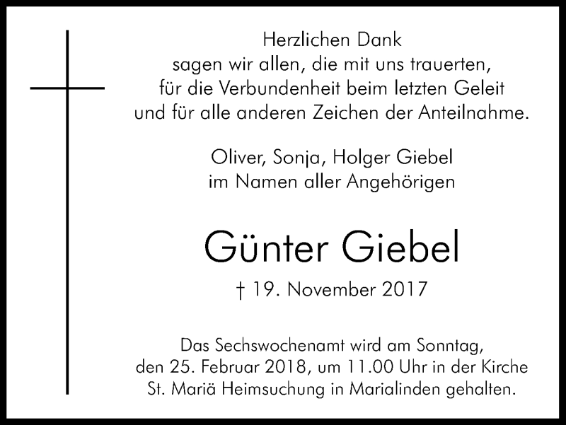  Traueranzeige für Günter Giebel vom 17.02.2018 aus Kölner Stadt-Anzeiger / Kölnische Rundschau / Express