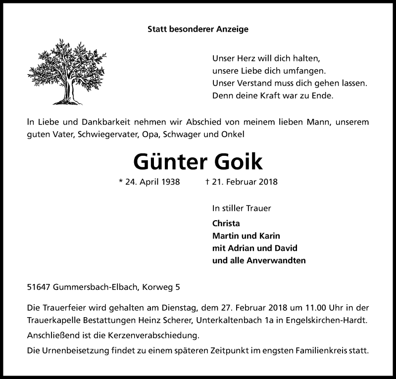  Traueranzeige für Günter Goik vom 23.02.2018 aus Kölner Stadt-Anzeiger / Kölnische Rundschau / Express