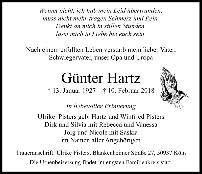  Traueranzeige für Günter Hartz vom 17.02.2018 aus Kölner Stadt-Anzeiger / Kölnische Rundschau / Express