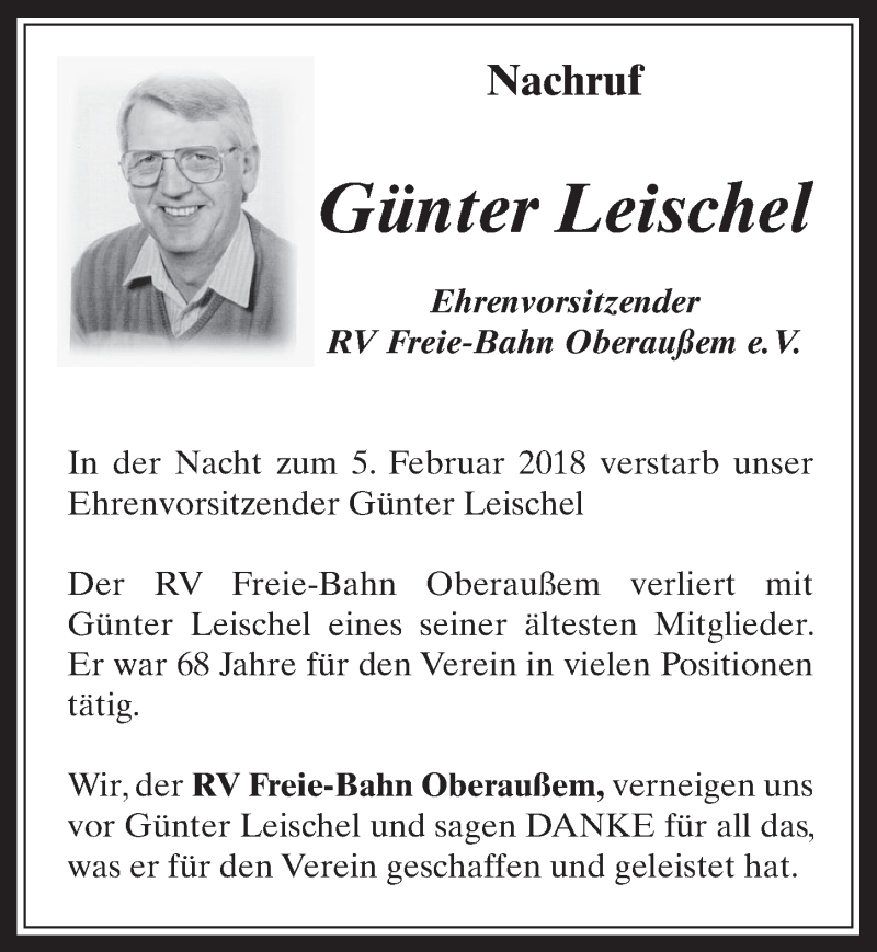  Traueranzeige für Günter Leischel vom 28.02.2018 aus  Werbepost 