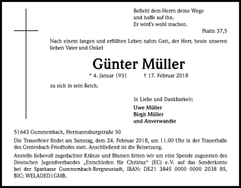 Anzeige von Günter Müller von Kölner Stadt-Anzeiger / Kölnische Rundschau / Express