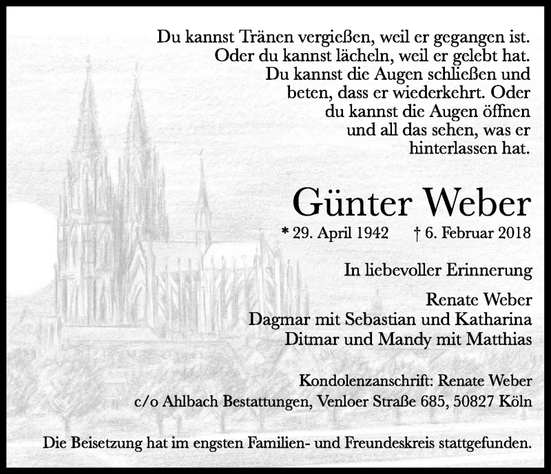  Traueranzeige für Günter Weber vom 21.02.2018 aus Kölner Stadt-Anzeiger / Kölnische Rundschau / Express