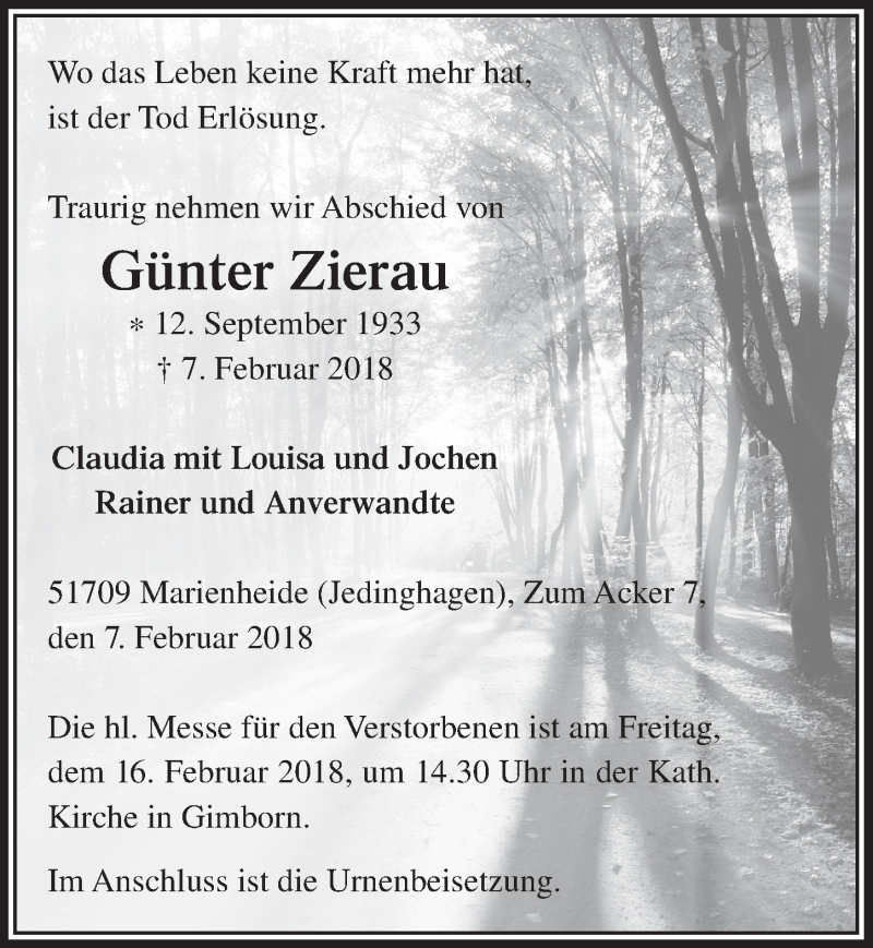  Traueranzeige für Günter Zierau vom 14.02.2018 aus  Anzeigen Echo 