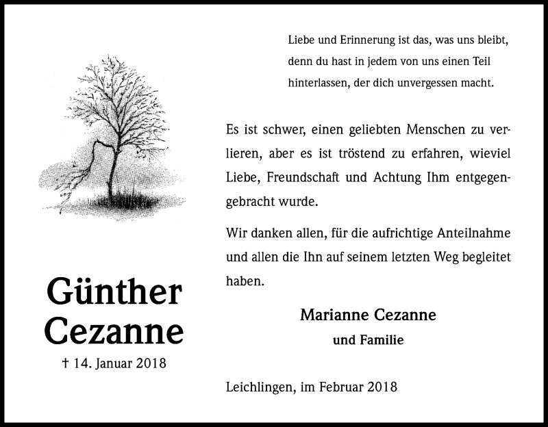  Traueranzeige für Günther Cezanne vom 24.02.2018 aus Kölner Stadt-Anzeiger / Kölnische Rundschau / Express